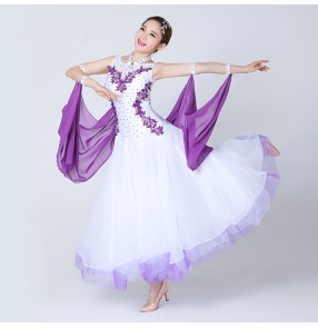 White and violet purple black and red patchwork rhinestones women's female competition long length standard waltz tango ballroom dance dresses outfits